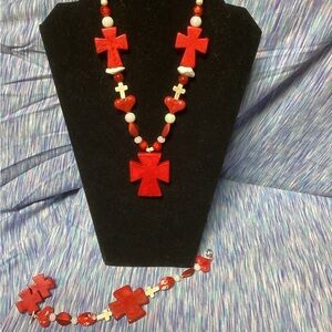 Chunky Spiritual Jewelry 3 pc set Red ceramic cross